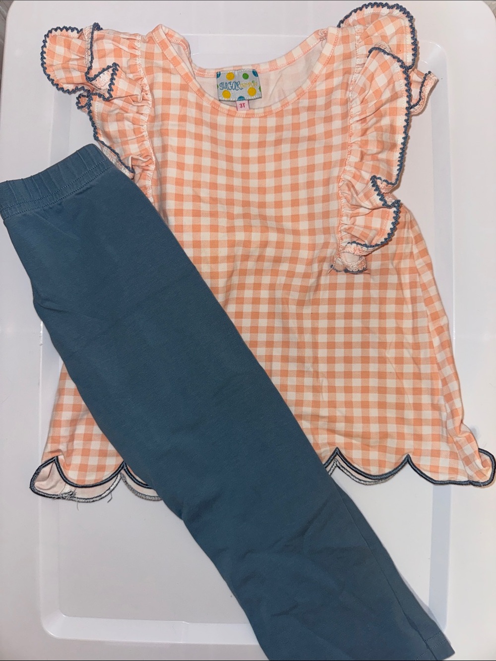 Peach Gingham Ruffle Top & Blue Leggings Pajama Set